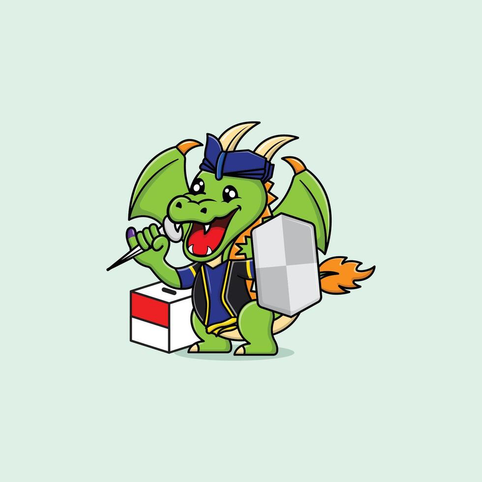 design illustration of a smiling Green Dragon holding spikes and a shield with a traditional Indonesian theme vector