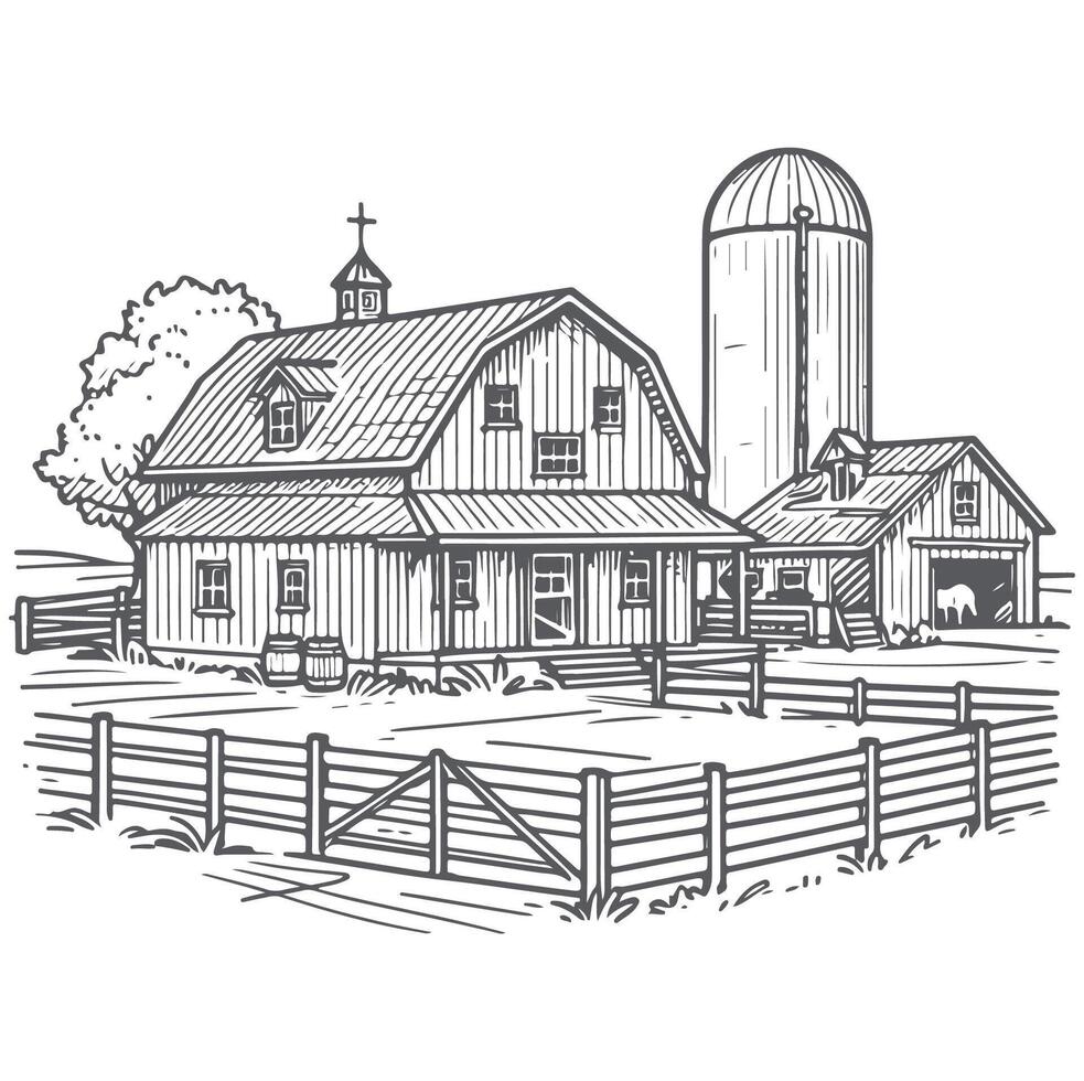 Classic Country Farmhouse with Barn and Fields Sketch vector