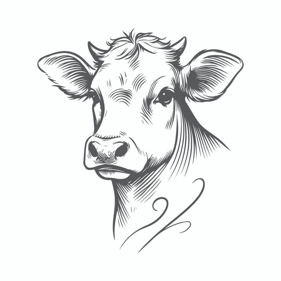 Elegant Cow Face Sketch- Farm Animal Line Art Design vector