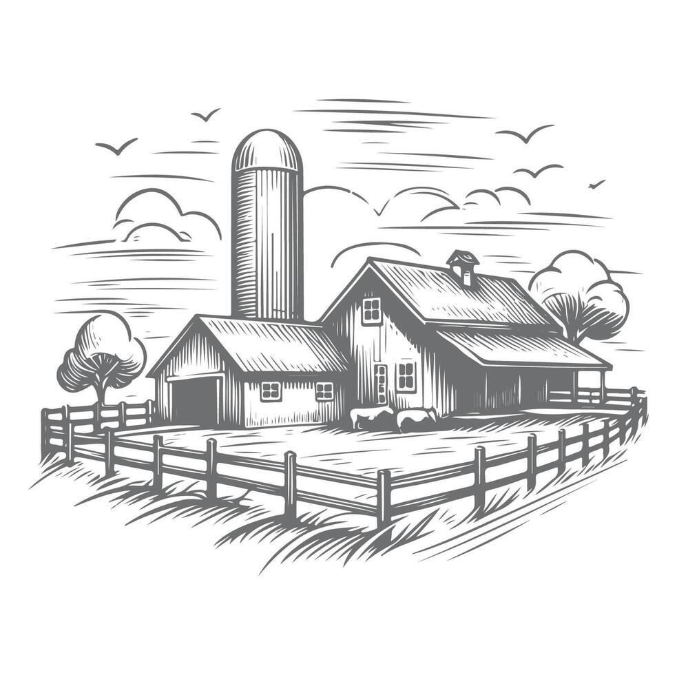 Idyllic Countryside Farm with Barn and Open Fields Sketch vector