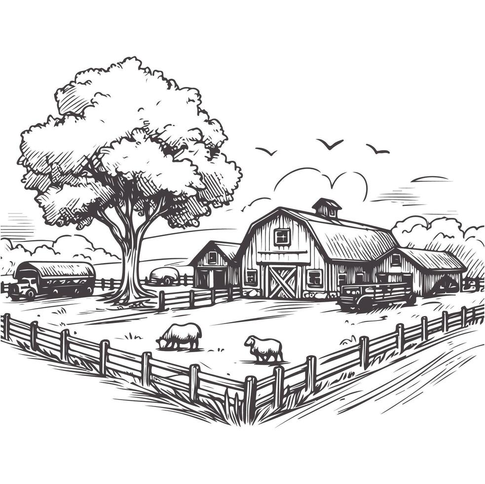 Charming Rural Farm Scene with Barn and Fields vector