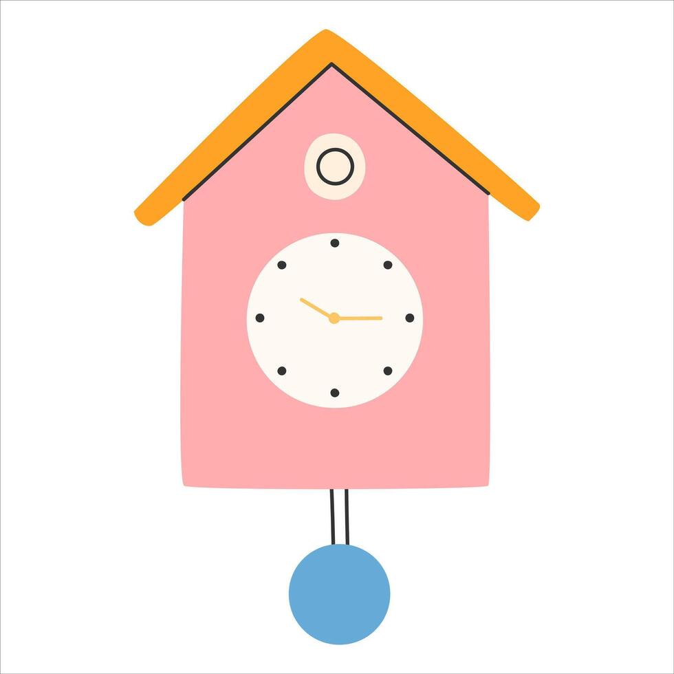 Cuckoo Clock Isolated on white. Decorative wooden wall clock. Hand drawn modern time symbol colorful bright colors. illustration EPS10. vector