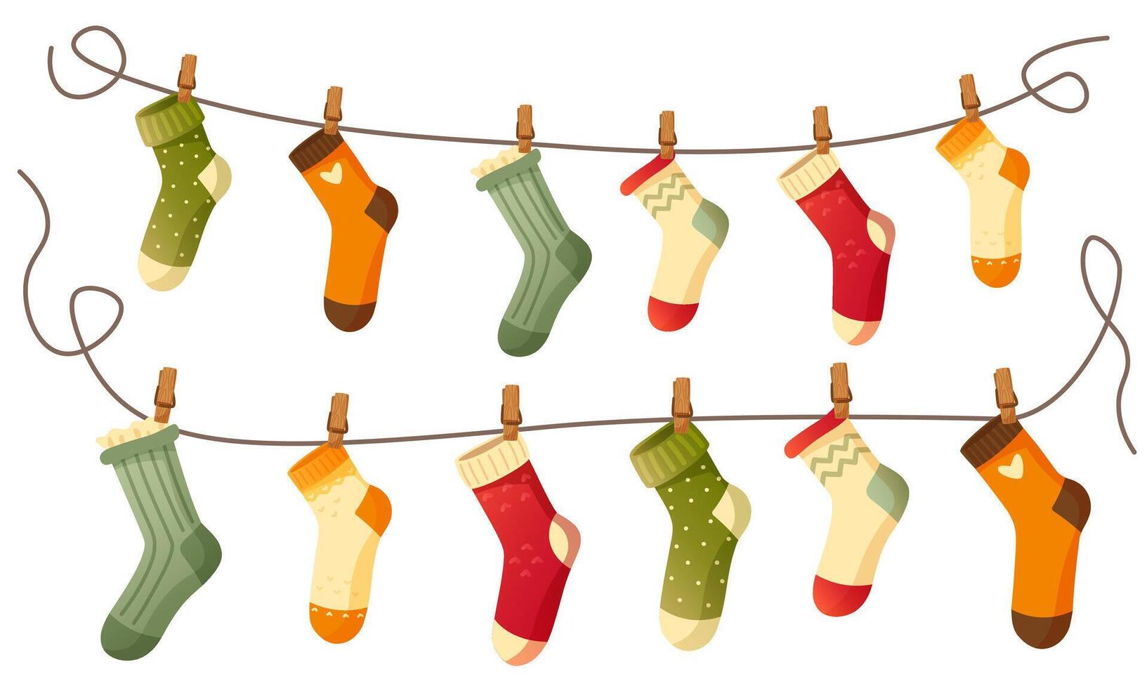 Beautiful different socks hang on a rope, secured with a clothespin. Washing, washed socks dry on a rope. Autumn and winter warm, woolen, knitted socks on a white background. An item of clothing. vector