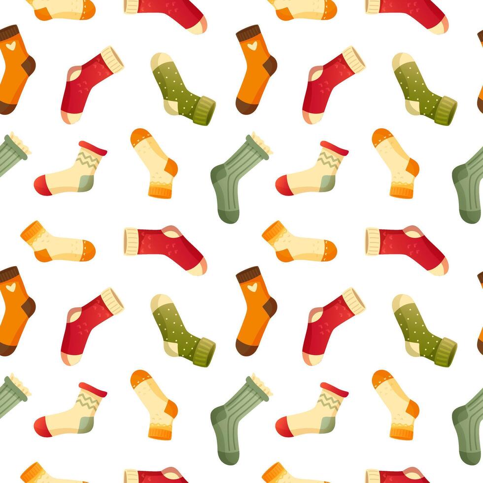 Stylish seamless pattern of colorful cozy and different socks. Socks with different patterns and colors. Pattern of winter and autumn socks on a white background. vector