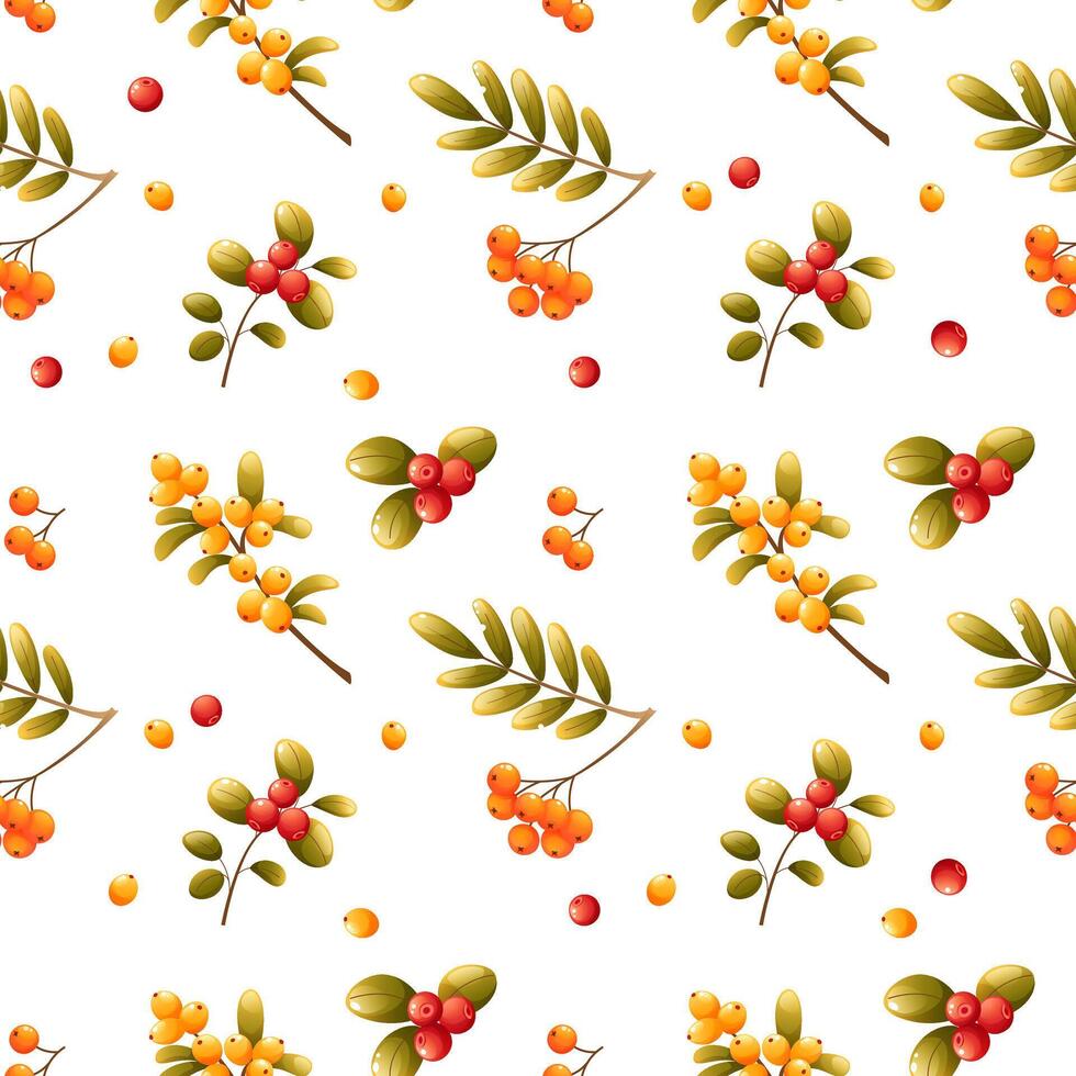 Seamless pattern of autumn elements, leaves, rowan berries, lingonberries, sea buckthorn on a white background. Suitable for seasonal autumn and winter holidays, Thanksgiving, Christmas. vector