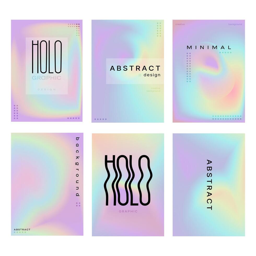 Minimal Holographic posters covers creative template set. Modern wallpaper design for social media, poster, abstract hologram cover. Gradient iridescent graphic mesh background. illustration vector
