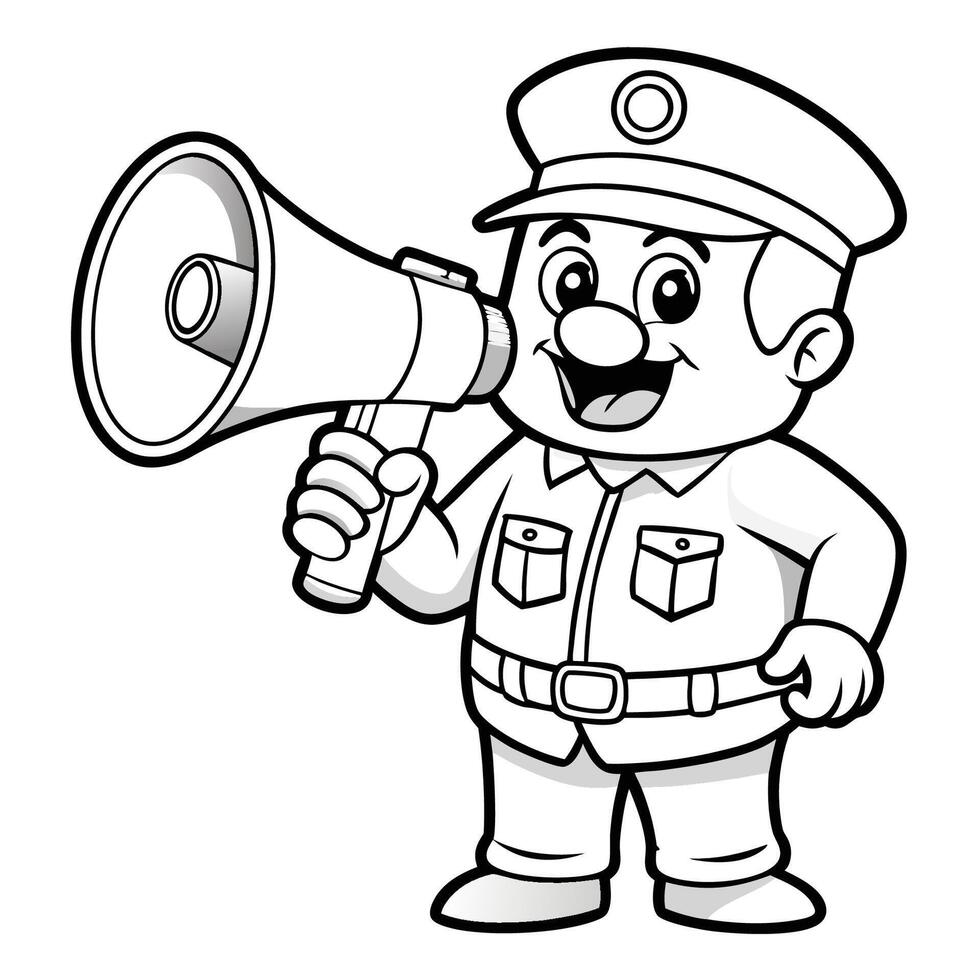 Law Enforcement Officer in Uniform Giving Instructions with Megaphone Coloring Page for Kids vector
