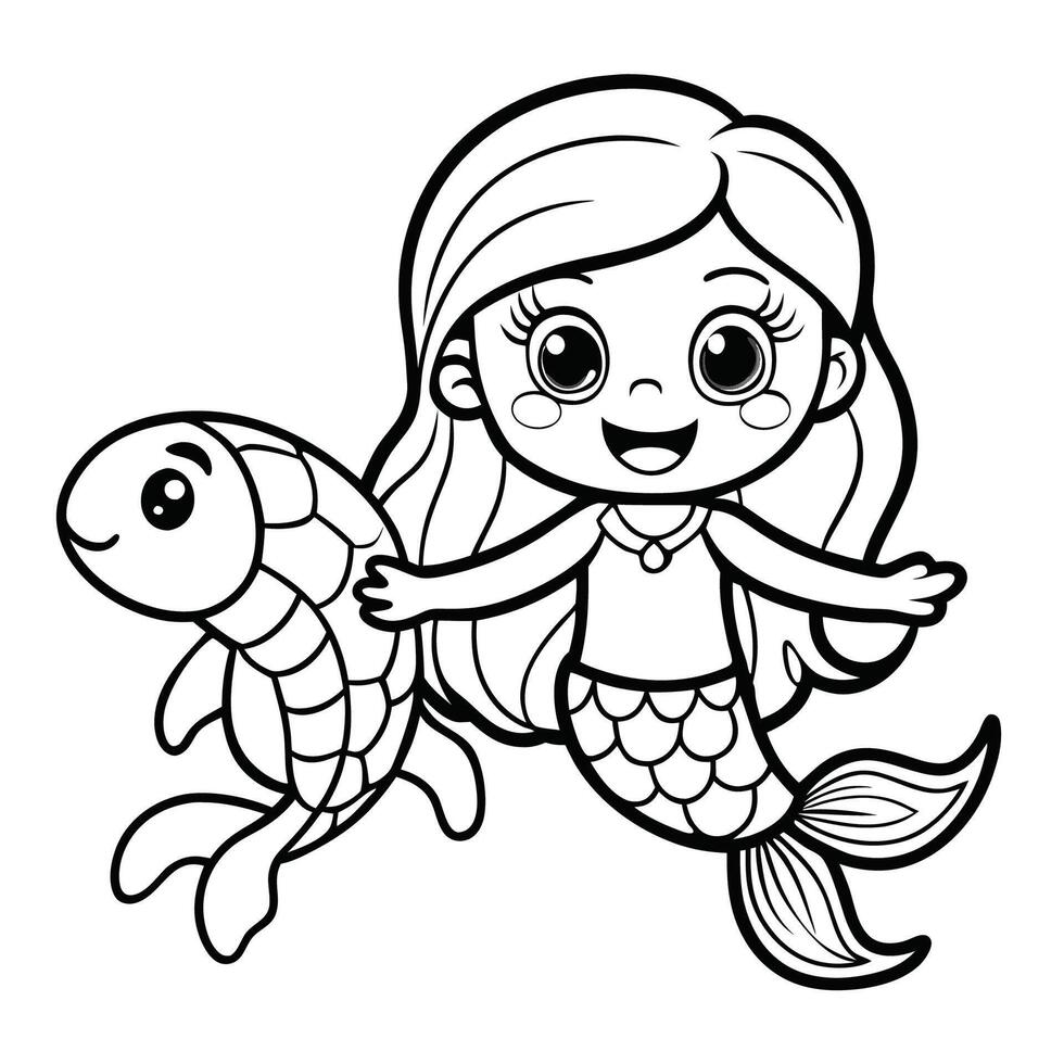 Fun Mermaid and Turtle Coloring Page for Kids to Enjoy vector