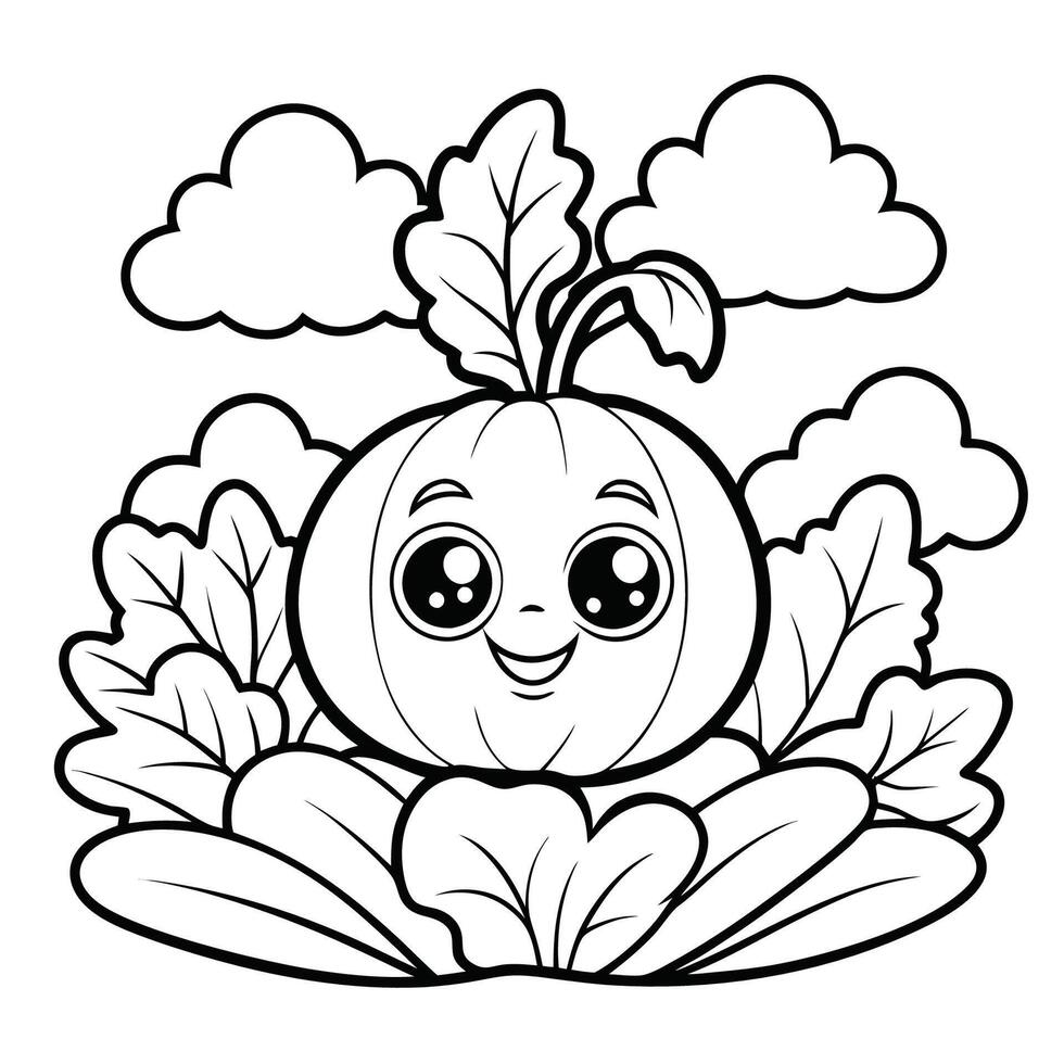 Printable Vegetable Field Coloring Page for Kids Featuring Various Vegetables in a Field Scene vector