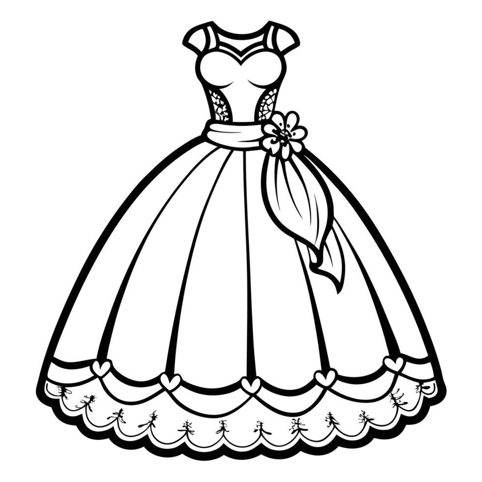 Intricate Wedding Gown Coloring Page with Delicate Lace Details for Kids vector