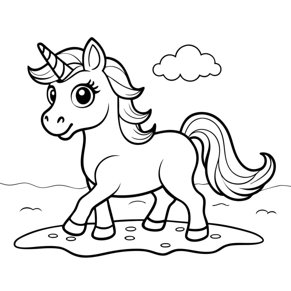 Unicorn s Delightful Stroll on the Sandy Beach Coloring Page vector