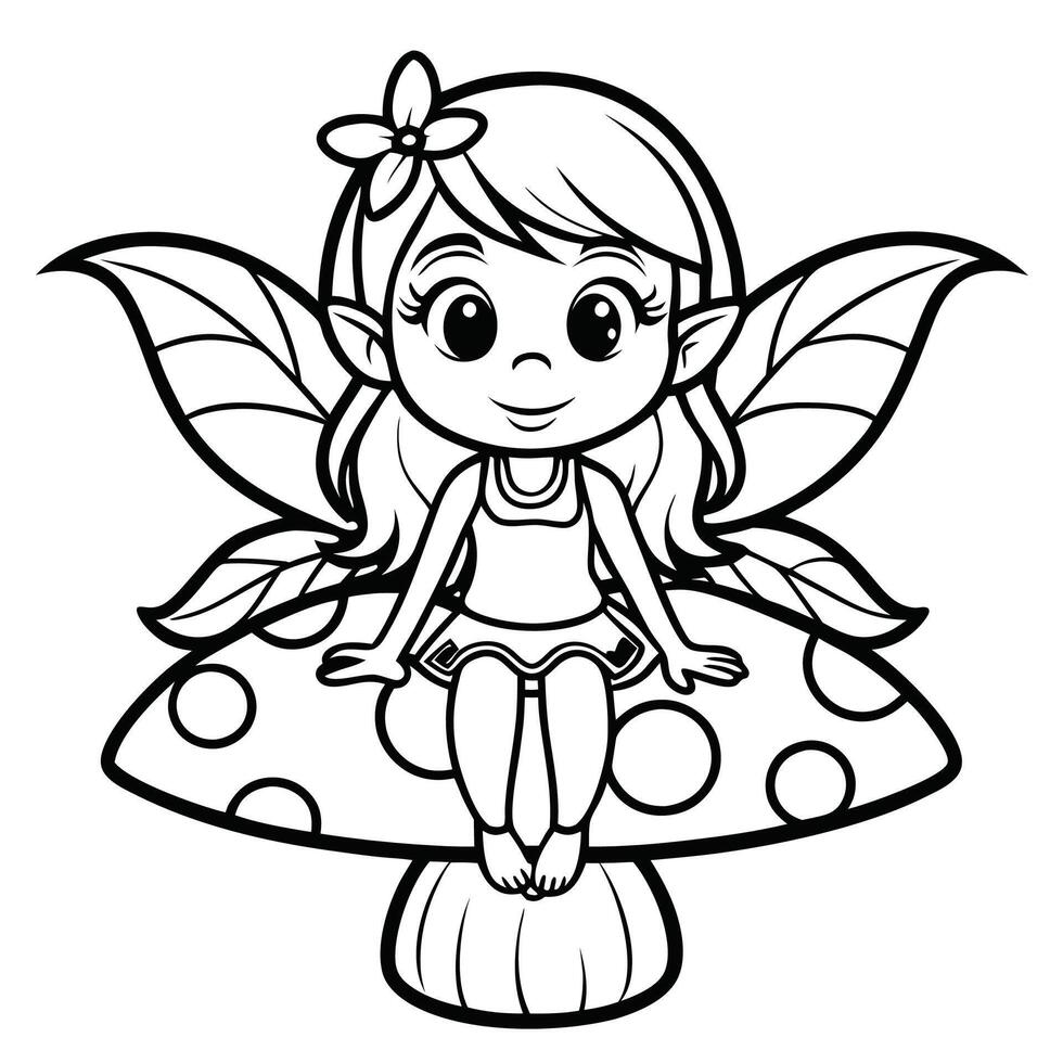 Cute Fairy Resting on a Verdant Mushroom Coloring Page for Kids vector