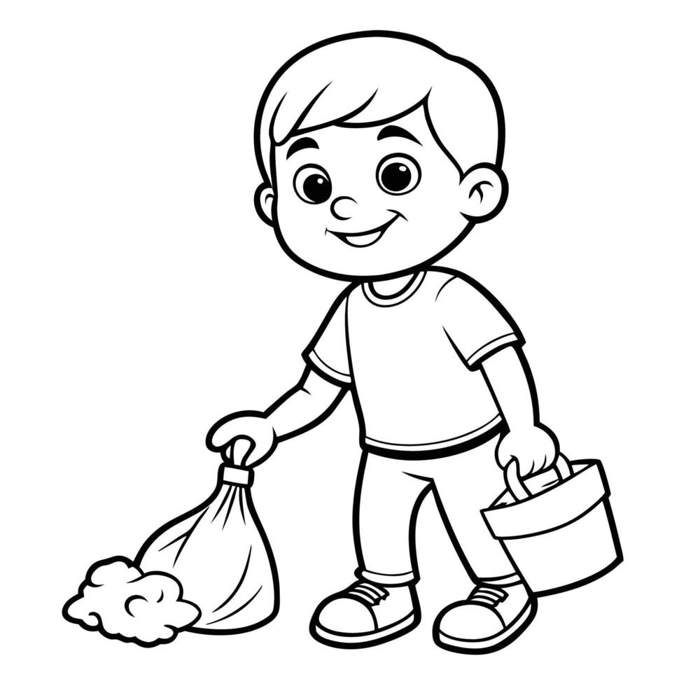 Dedicated Boy Contributing to a Cleaner Planet by Picking Up Litter Coloring Page vector