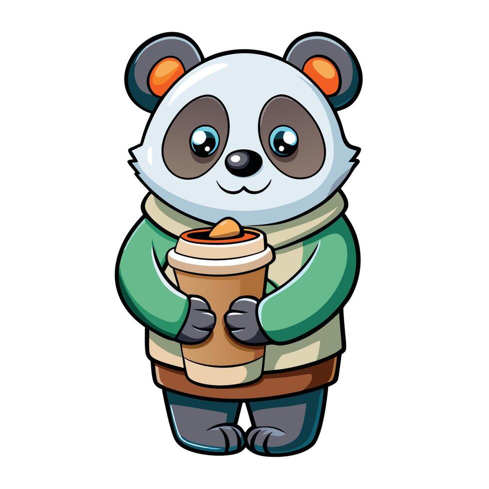 Adorable Panda Embrace while Sipping Coffee A Charming Illustration vector