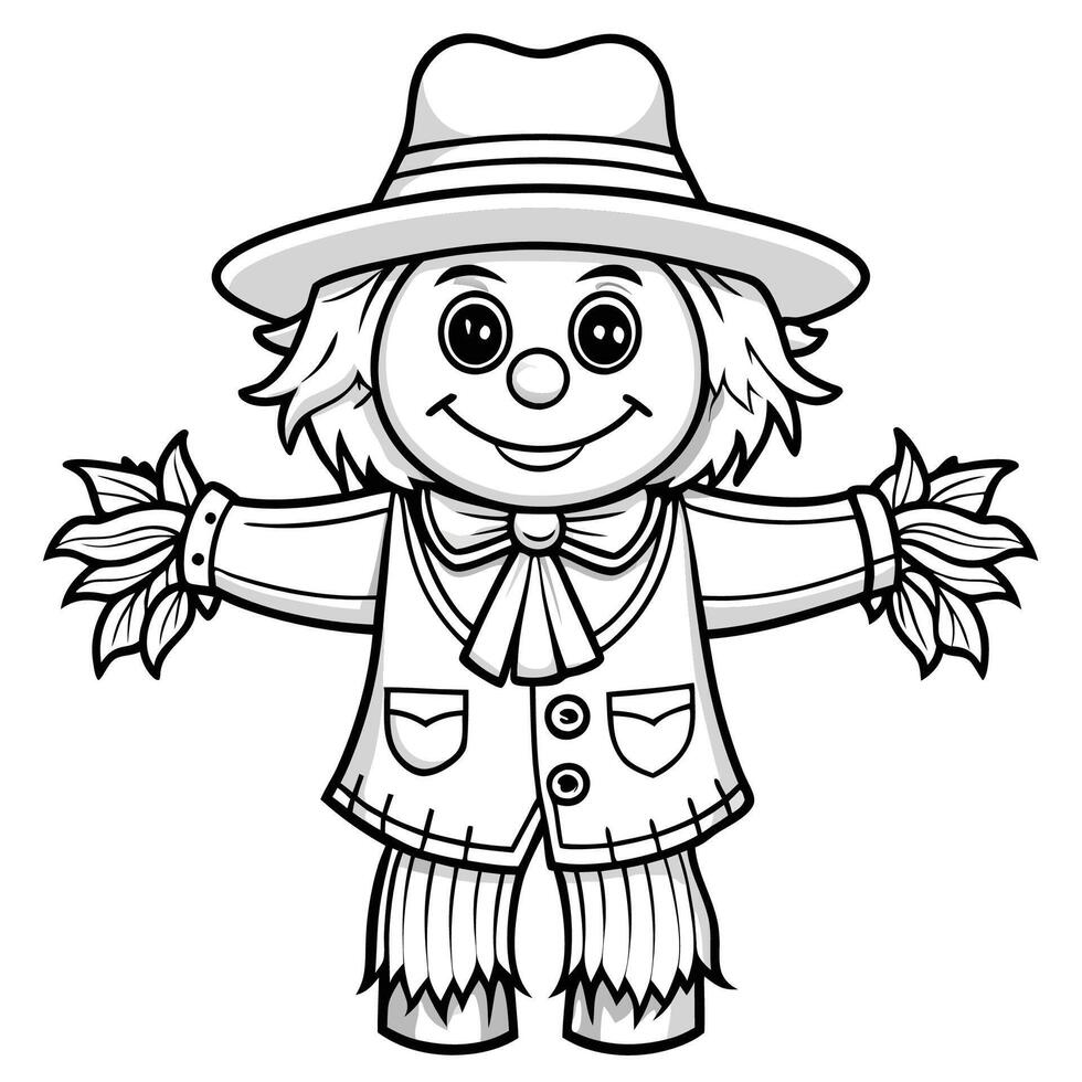 Isolated Coloring Page of a Creepy Scarecrow Standing in a Field vector