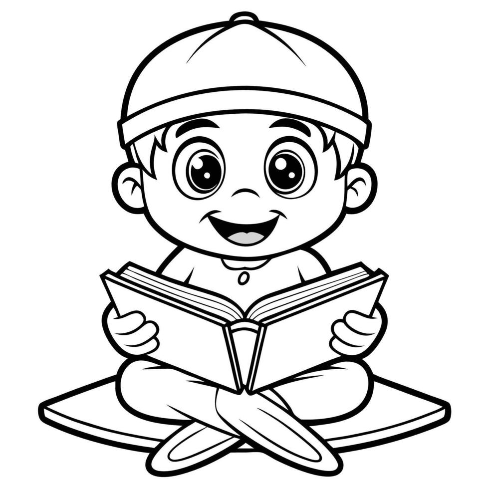 Ramadan Boy Enjoying the Holy Month by Reading the Quran Coloring Page vector