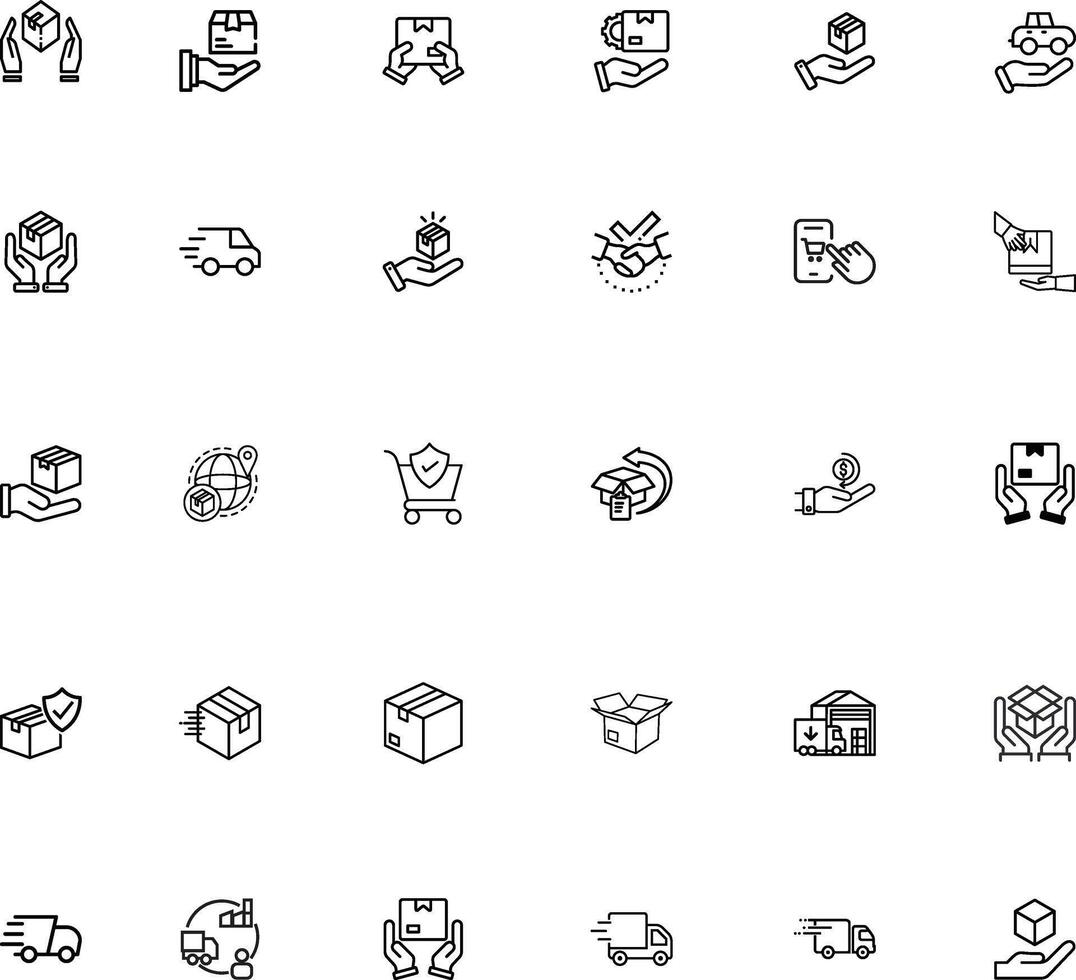 Delivery and icons set. Collection of simple linear web icons such as Shipping By Sea Air, Delivery Date, Courier, Warehouse, Return Search Parcel, Fast Shipping, and others Editable stroke. vector