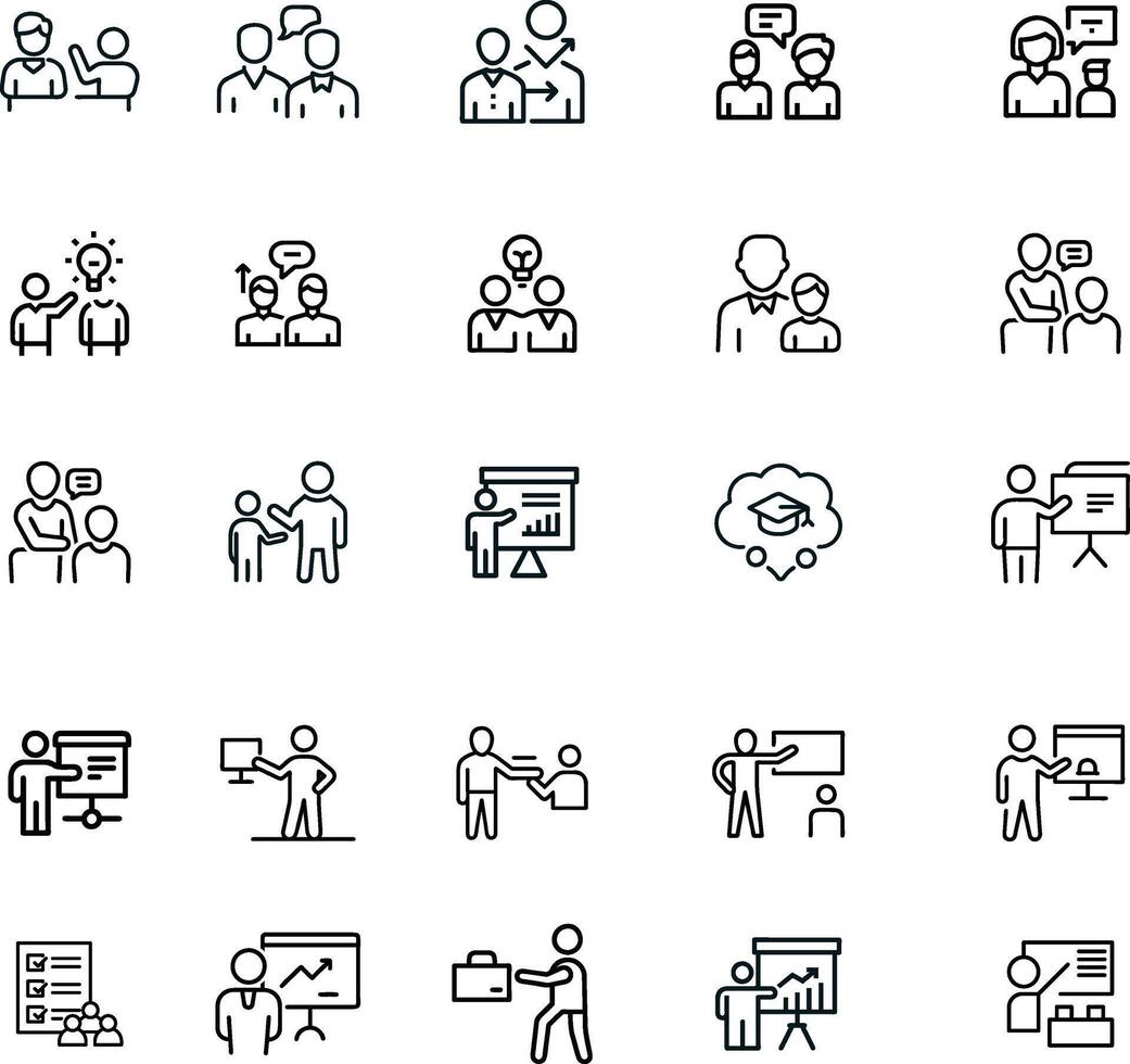 This icon pack features a collection of clean, minimalist line icons representing mentoring, coaching, training, teamwork, and collaboration concepts. vector