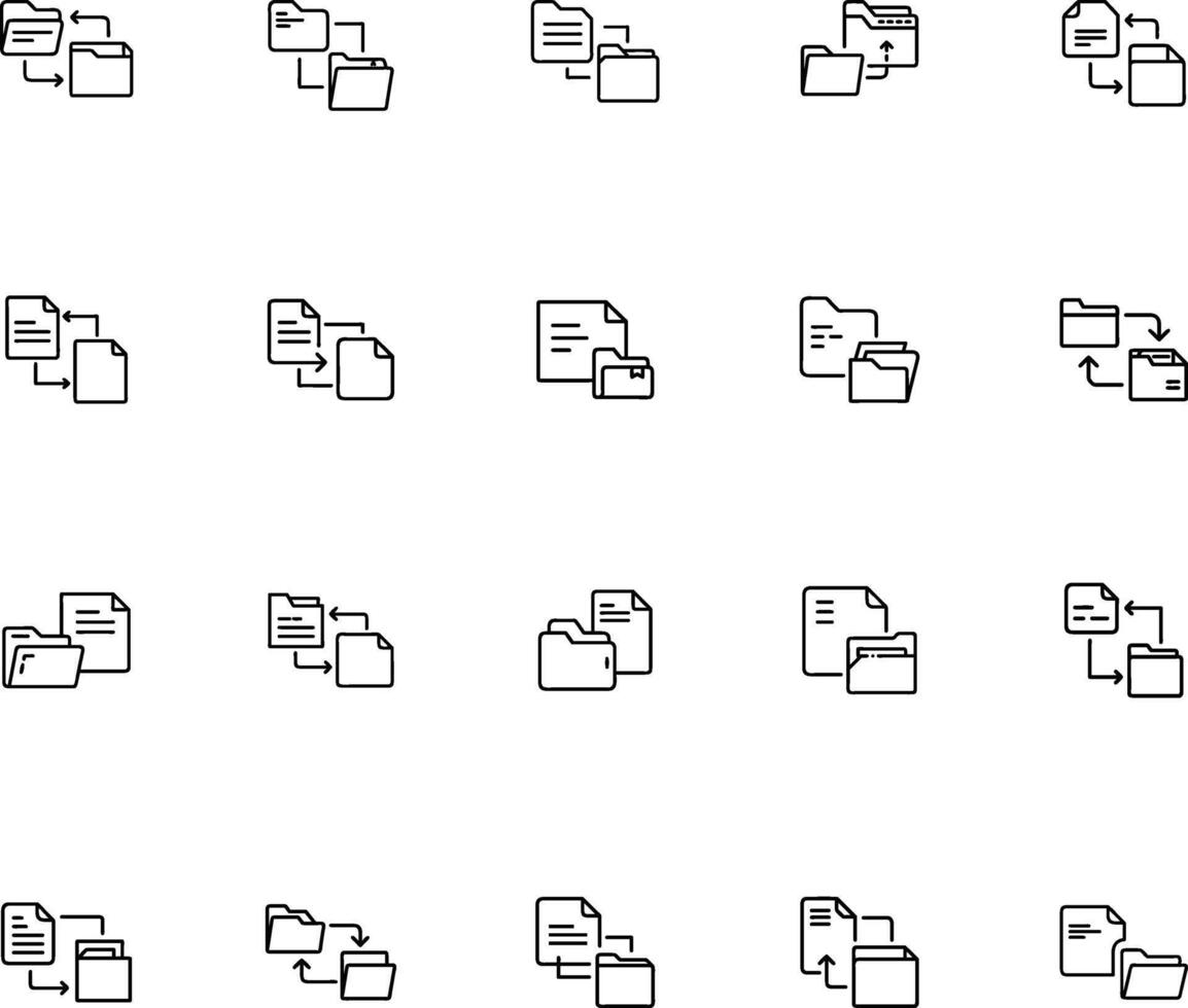 Folders flat line icons set. File catalog, document search, folder synchronization, local network illustrations. Outline minimal signs for web site. Pixel perfect 64x64. Editable Strokes vector