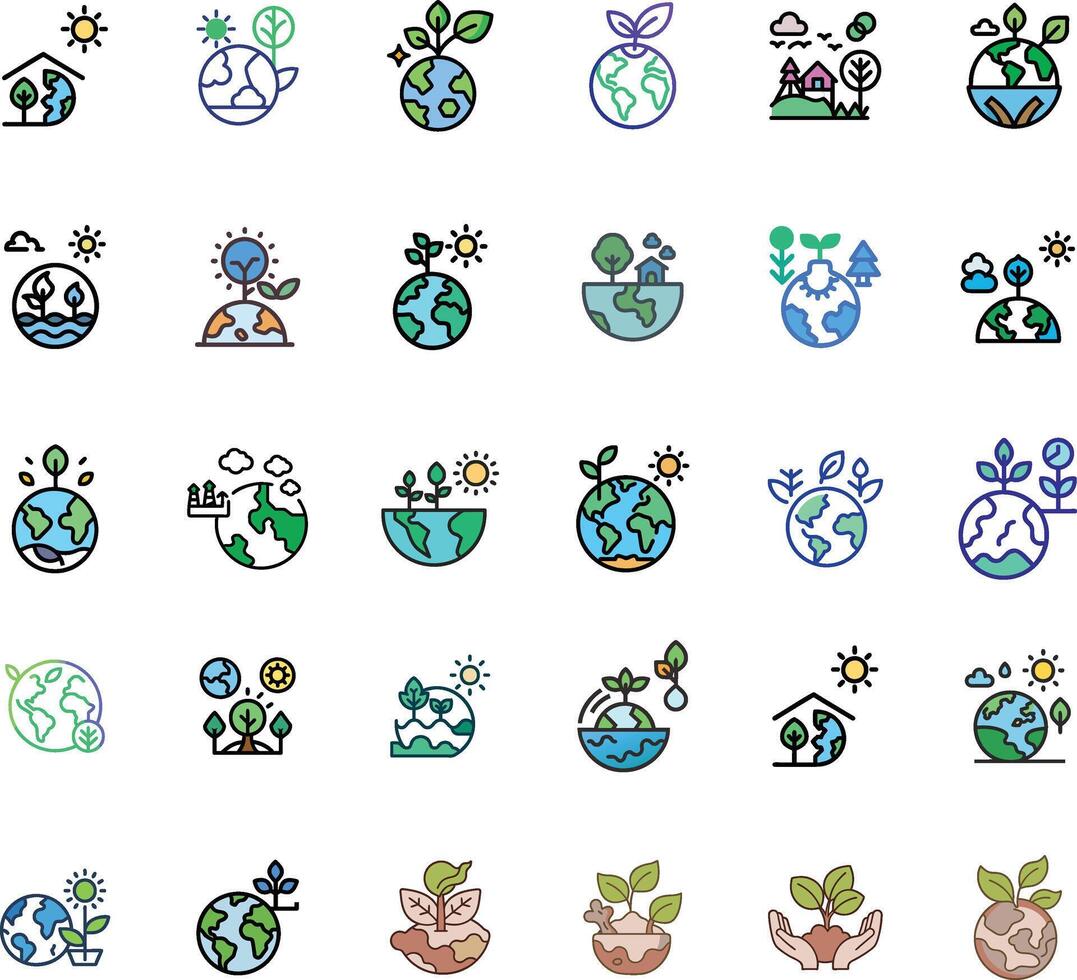 Environment and Nature Care Line and colorful Icon Set. Ecology Planet and Leaf Pictogram. Eco Globe Green World with Plant Symbol Collection on White Background. Isolated Illustration vector