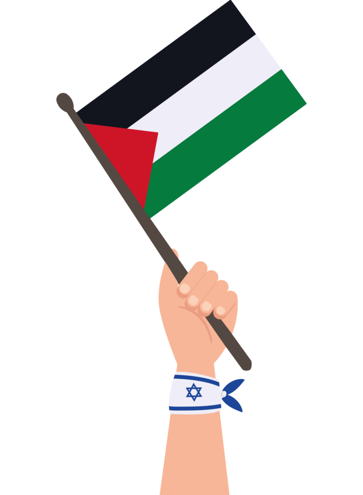 Israel handband in hand waving palestine flag image png