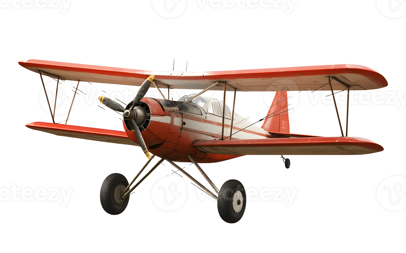 a red airplane with a propeller flying in the air isolated on a transparent background png