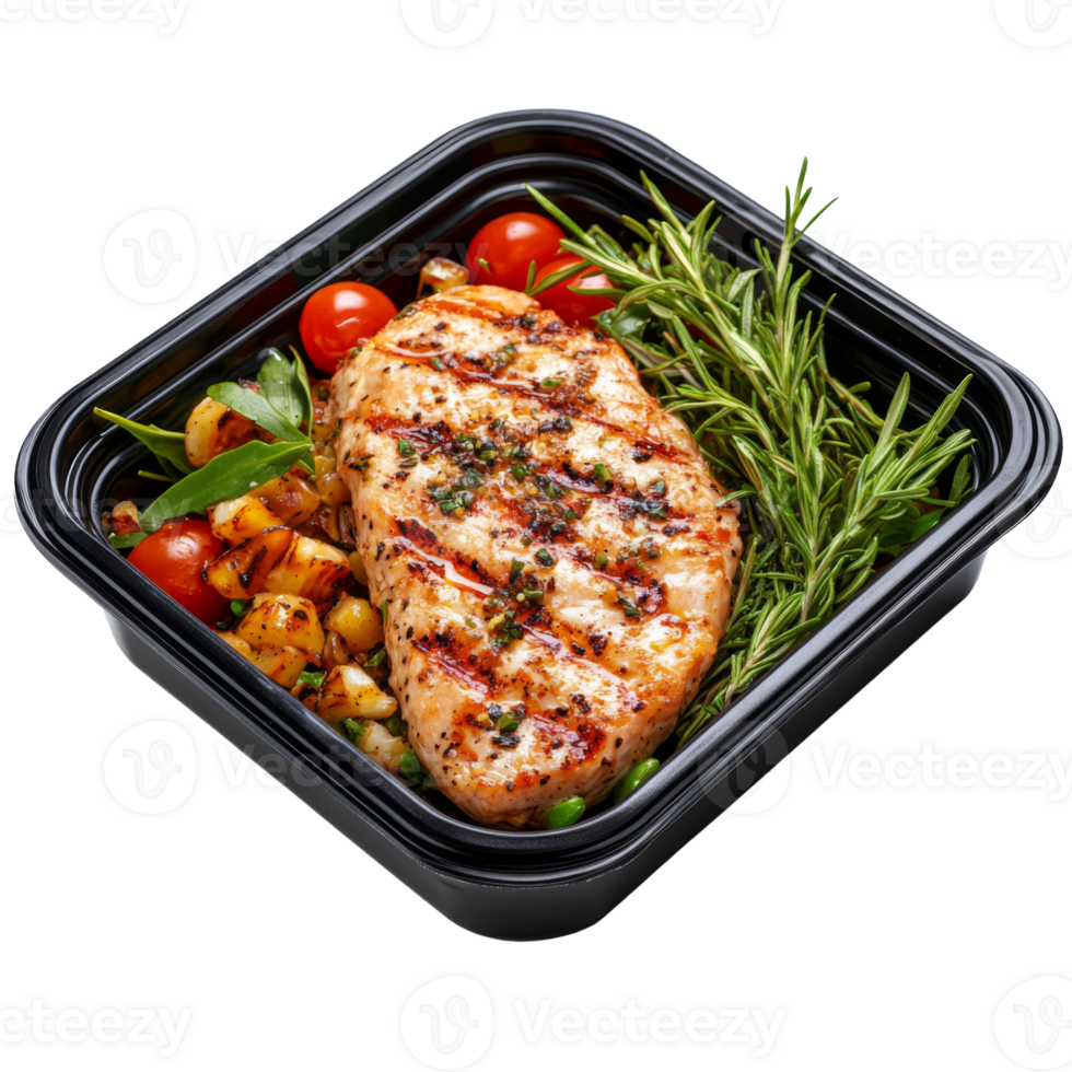 Plastic container with grilled chicken breast and vegetables. Healthy meal png