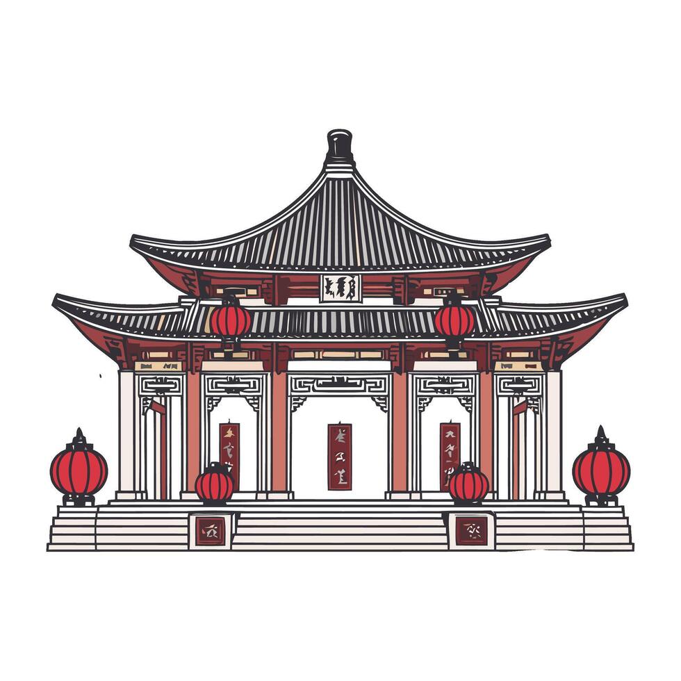 Chinese temple with red lanterns and pagoda vector