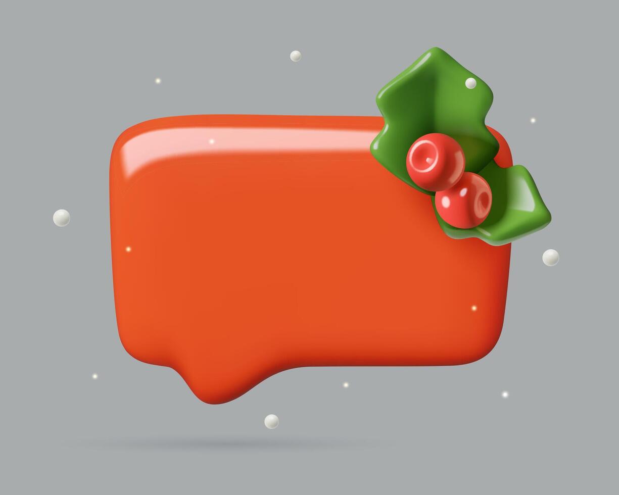 Red Christmas 3d speech bubble with holly berries snow and copy space for text vector
