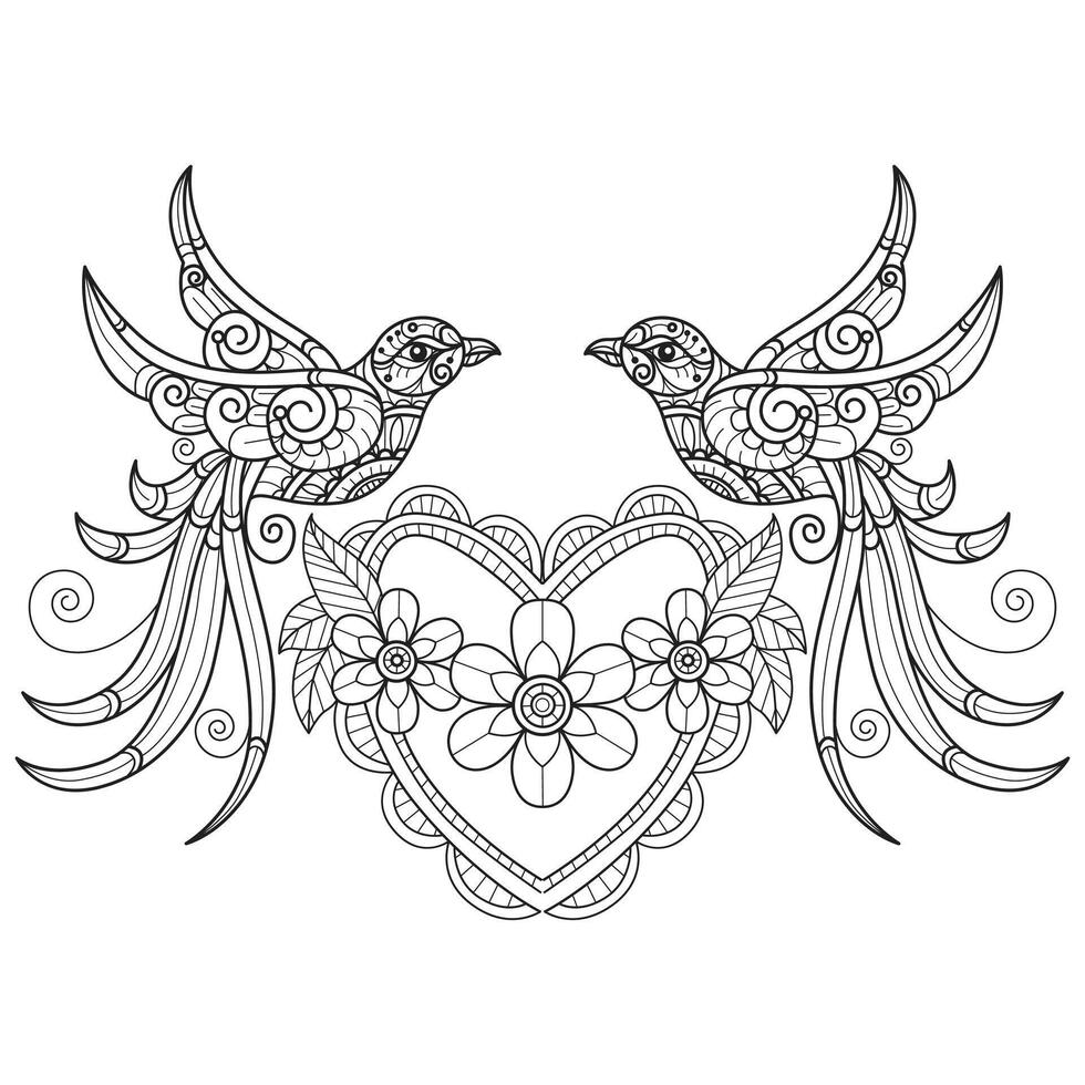 Heart frame and little bird hand drawn for adult coloring book vector