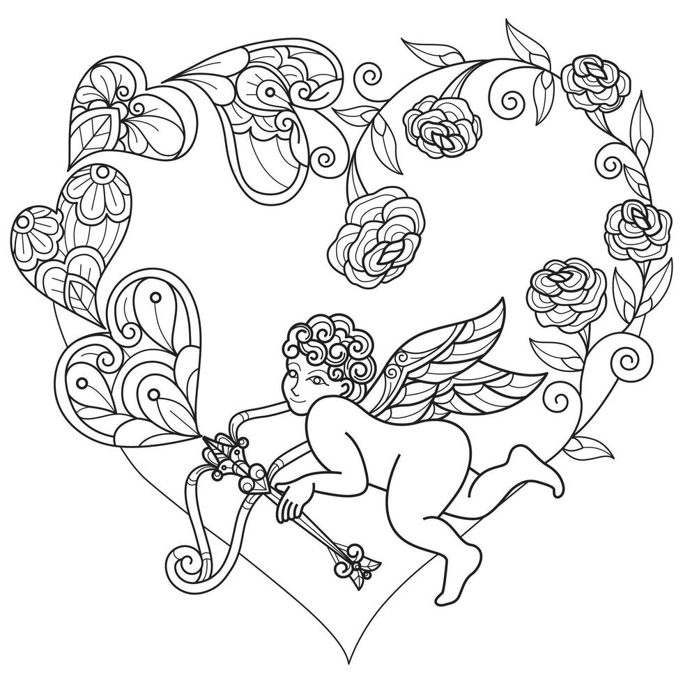 Cupido y arquero mano dibujado para adulto colorante libro vector