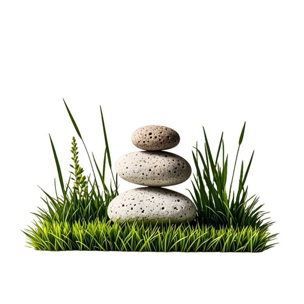 A stack of stones in the grass with grass and flowers png