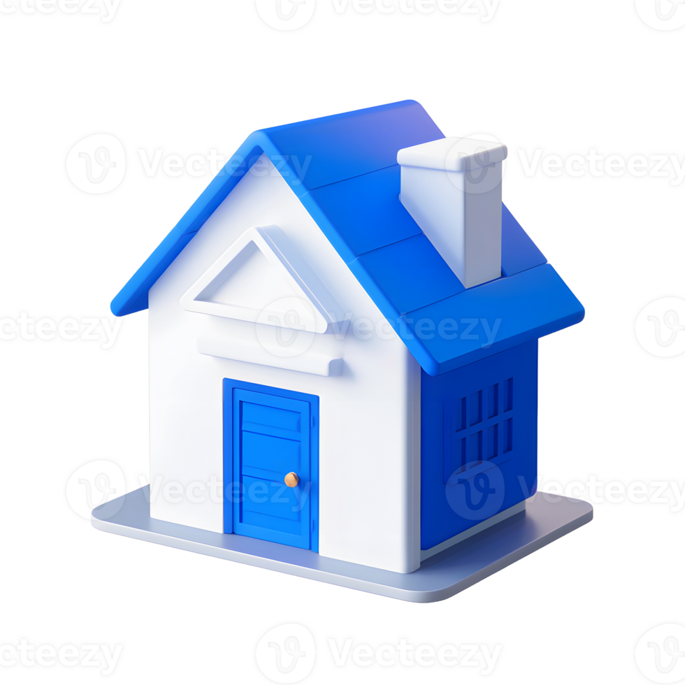 A small house with a blue roof and white trim png