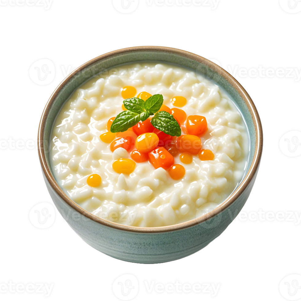 A bowl of rice with orange and carrot garnish png