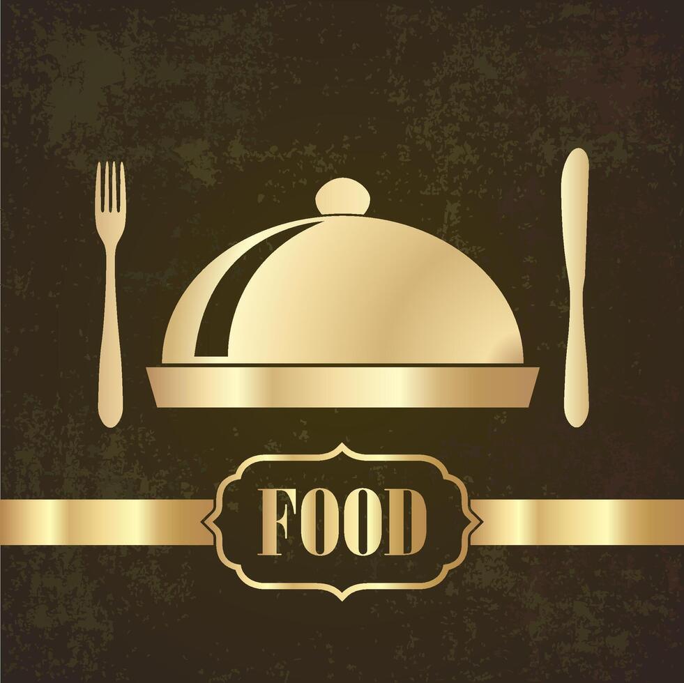 golden fork knife and cloche symbol on grunge background restaurant theme illustration vector