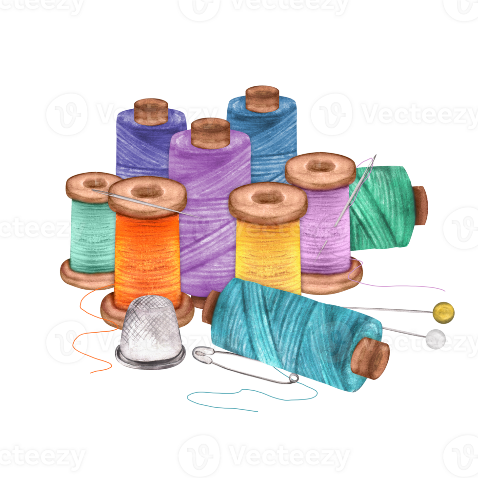 Sewing threads, pins, thimble and needles. Sewing clipart. Tailoring workshop. Dressmaking. Hand-drawn watercolor png
