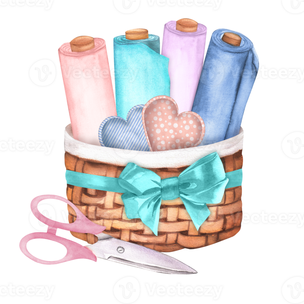 Wicker basket with a bow, fabric rolls, fabric hearts scissors. Sewing clipart. Tailoring. Hand-drawn watercolor png