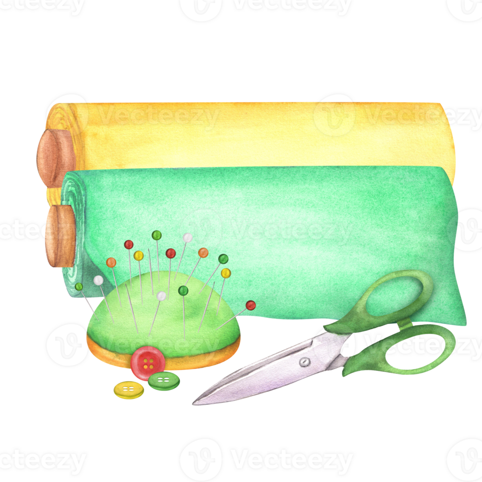 Fabric rolls with pincushion, buttons and scissors. Sewing clipart. Dressmaking kit. Hand-drawn watercolor illustration png