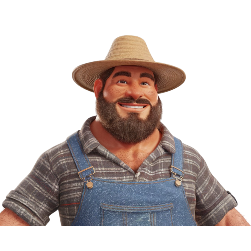 Smiling Farmer in Blue Overalls with a Friendly and Rustic Vibe png