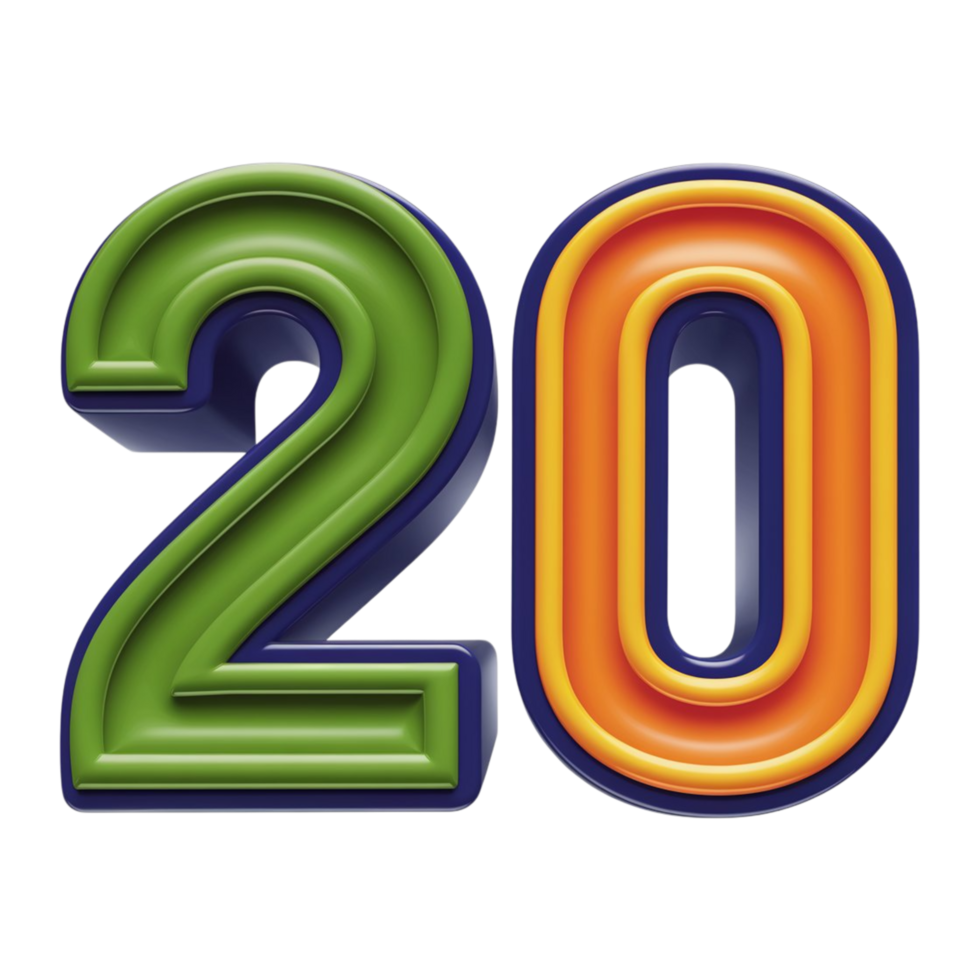 Number 20 Typography with Vibrant and Colorful Layers png