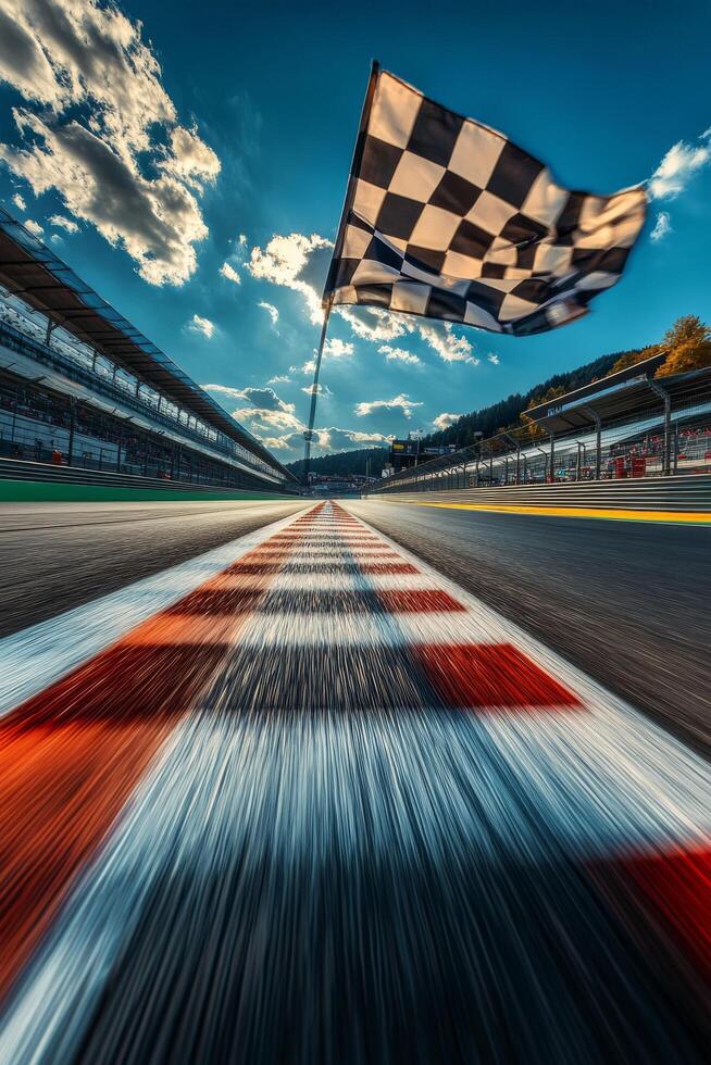 Racing flag waves over the finish line at a motorsport circuit under a bright sun photo