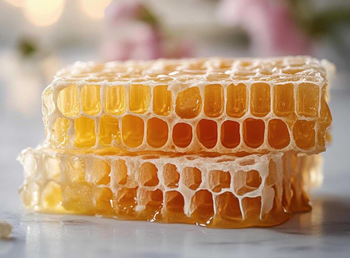 Freshly harvested honeycomb drizzled with golden honey on a clean white surface photo