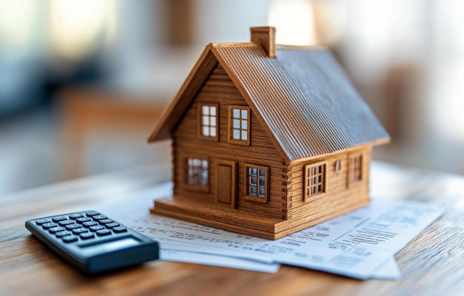Calculating mortgage options with a model house and calculator on financial documents photo