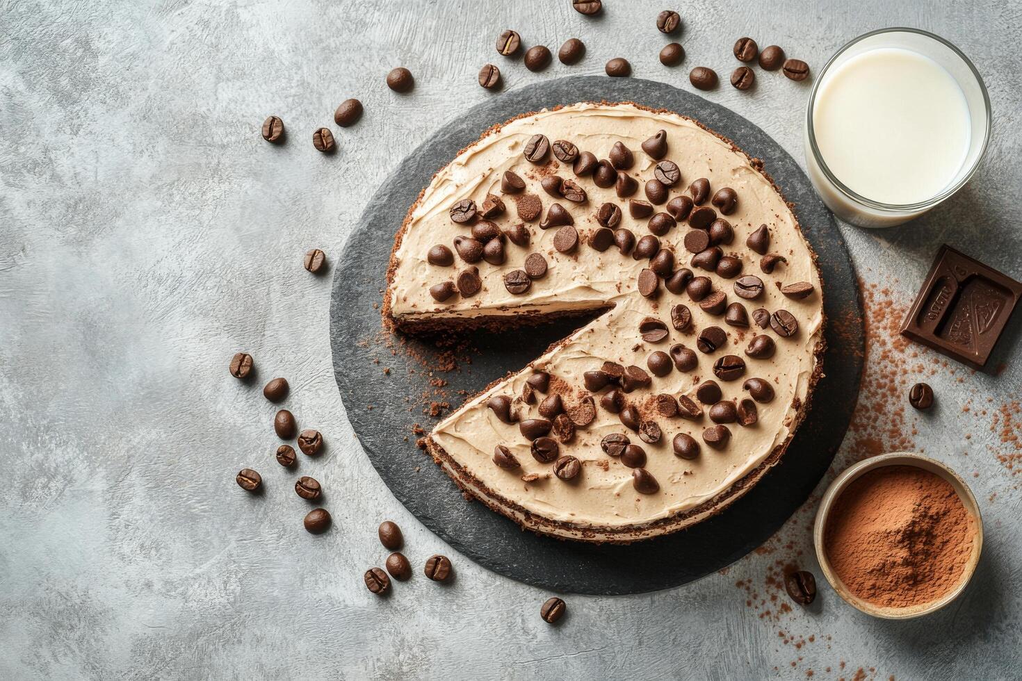 Chocolate coffee cake with toppings displayed on a dark surface alongside milk and chocolate bars photo