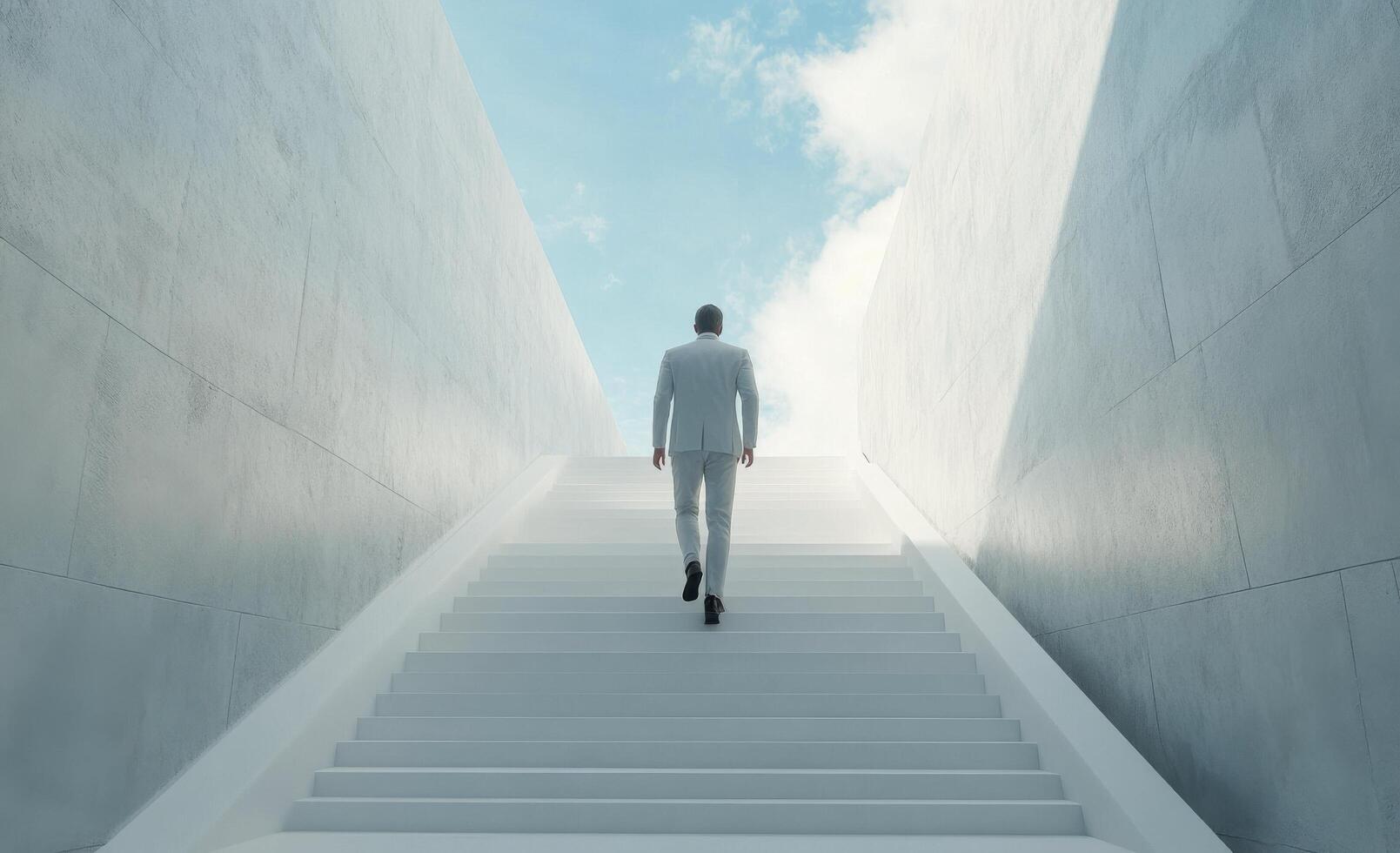 A man in a suit ascends a modern staircase in a minimalist indoor space during the day photo
