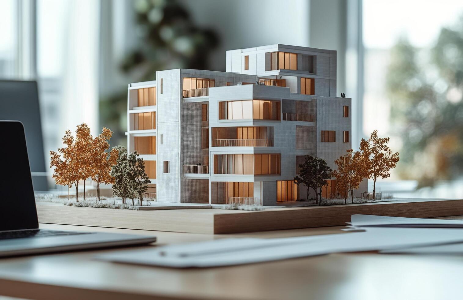 Architectural model of modern apartment buildings displayed on a desk in a design studio photo