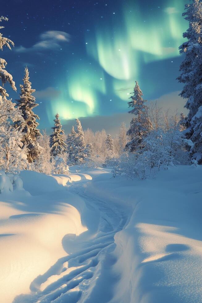 A winter path through snow covered trees under a vivid aurora borealis at night photo