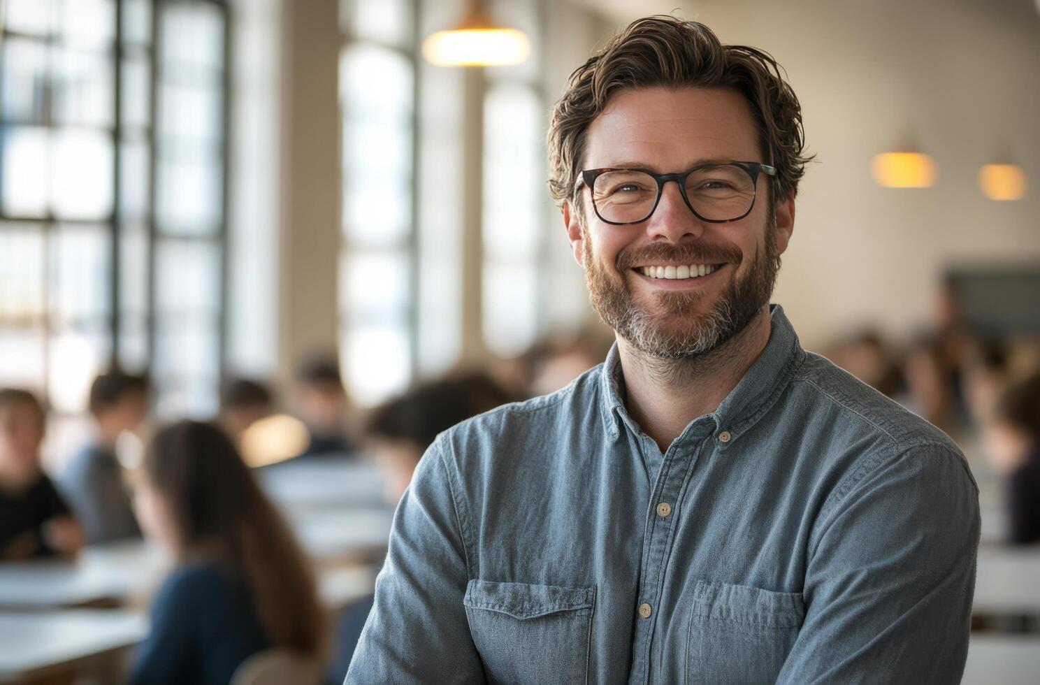 Smiling teacher in a classroom with engaged students during a sunny daytime lesson photo