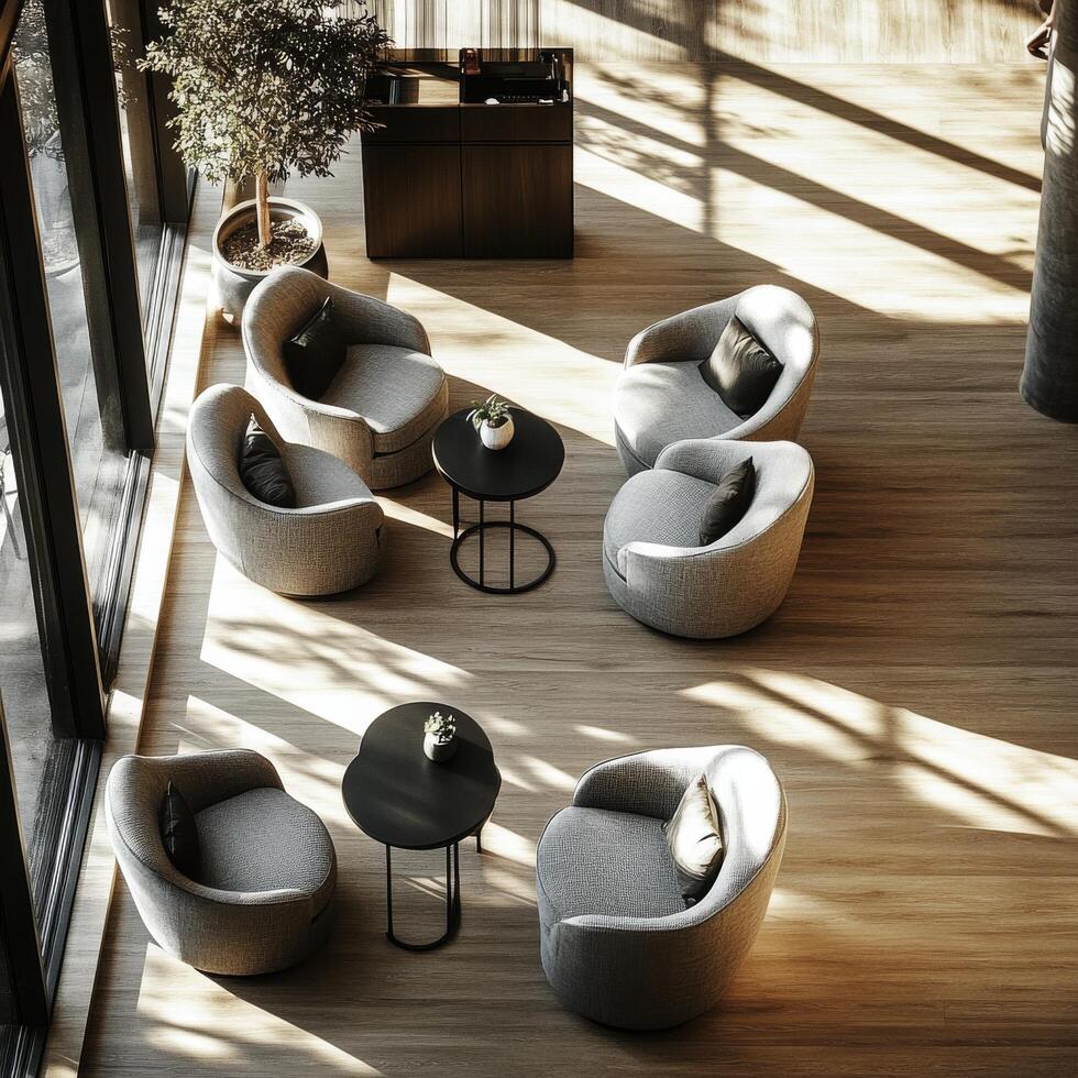 Cozy lounge area with modern chairs and tables in bright natural light during the day photo