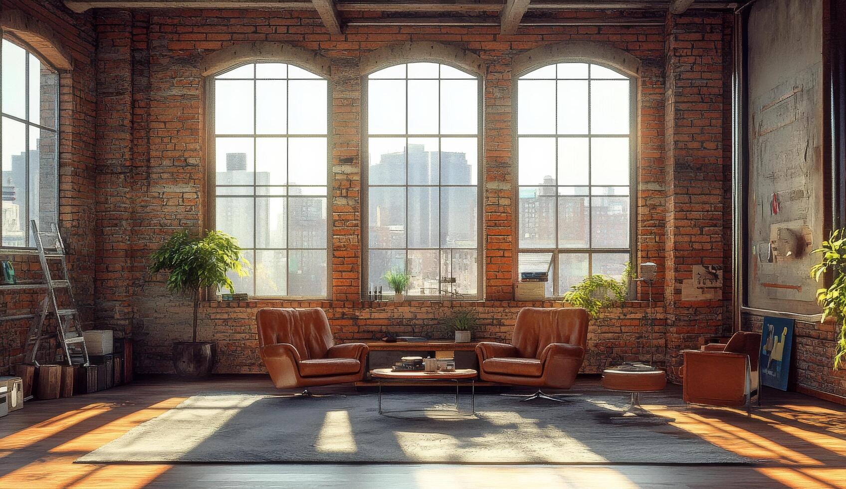 Modern lounge area with leather seating and natural light in an urban setting during daytime photo